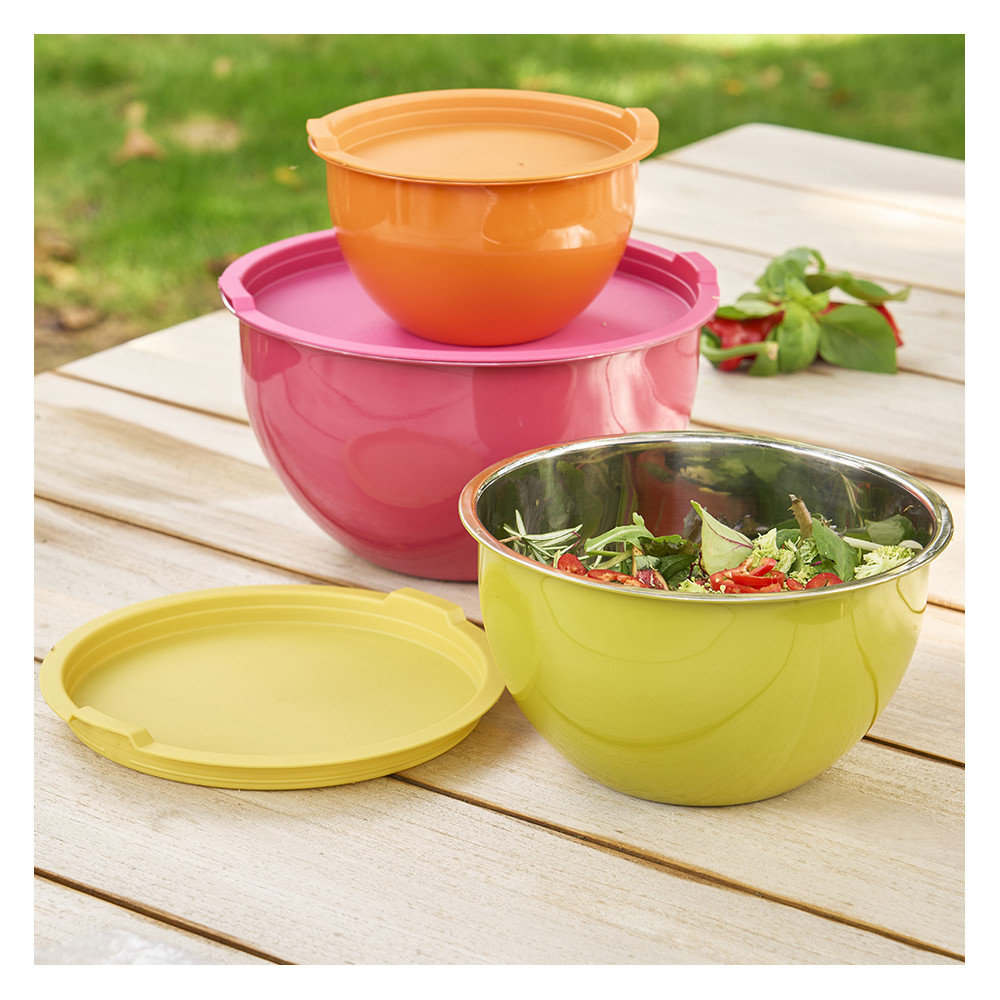 Lot de 3 saladiers inox multicolores avec couvercles