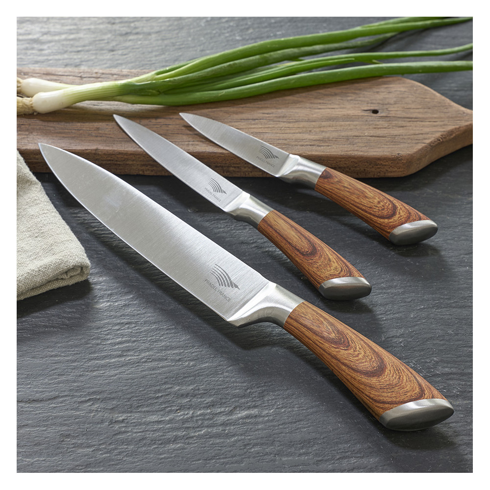 Coffret 3 couteaux tout inox effet bois