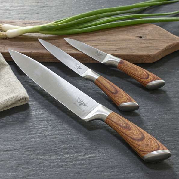 Coffret 3 couteaux tout inox effet bois