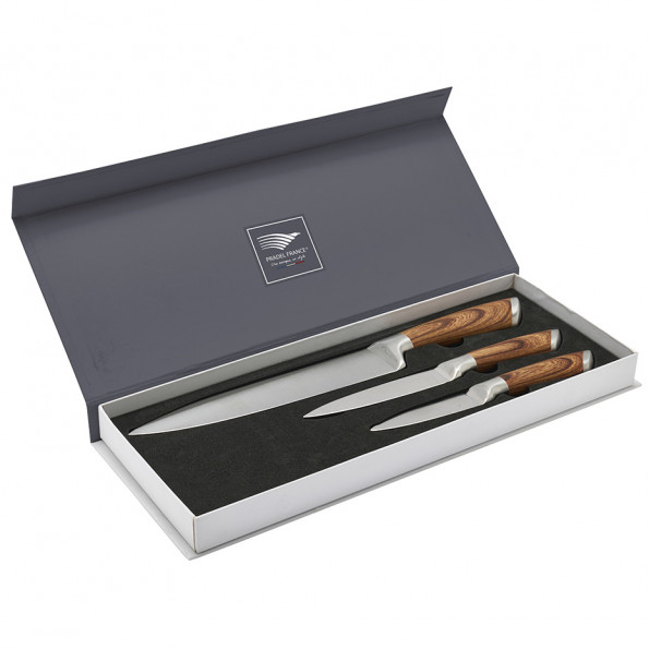 Coffret 3 couteaux tout inox effet bois