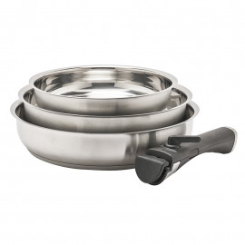 Lot de 3 poêles tout inox + 1 manche amovible