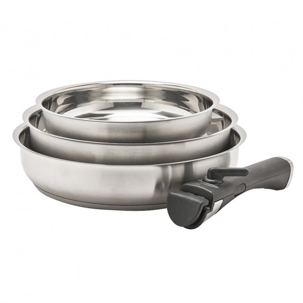 Lot de 3 poêles tout inox + 1 manche amovible